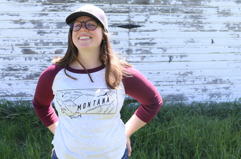 Upcycled Montana Map Baseball T-Shirt - Women's Medium