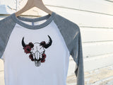 Upcycled Bison Skull Bitterroot Crown Baseball T-Shirt - Junior's Medium