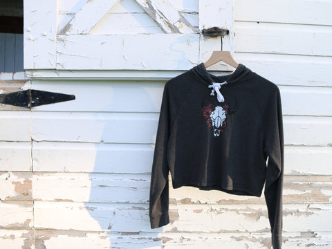 Upcycled Bison Skull Bitterroot Crown Cropped Hoodie - Women's Small