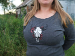 Upcycled Bison Skull Bitterroot Crown Asphalt Gray Knitted Sweater - Women's Small & XL