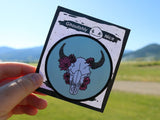 Patch Bison Skull Bitterroot Flowers | Woven Patch with Satin Stitch Edge 2.5" Wide Full Sticker Backing