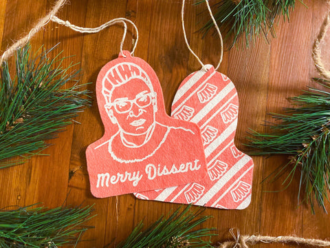 Merry Dissent OVERSIZED Ornament | Ruth Bader Ginsburg Holiday Decor | RBG Wool Felt Screen Printed Christmas Decoration