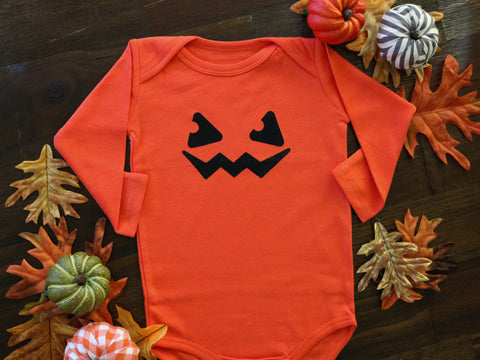 Baby Long Sleeve Onesie Smiling Pumpkin | Halloween Bodysuit | Jack O Lantern Costume | Fall, Autumn, Seasonal, Holiday