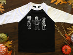 Toddler + Youth Tee | Three Ghoul Friends | White & Black Raglan T-Shirt | Kids Halloween Shirt | Fall, Autumn, Seasonal, Holiday